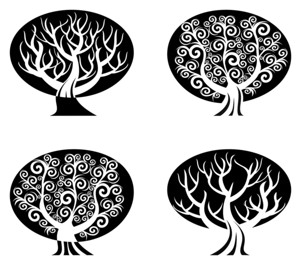Vector illustration of a set of black and white trees isolated — Stock Vector