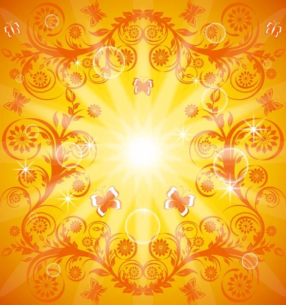 Vektorillustration eines orangefarbenen Blumenschmucks mit Schmetterling. — Stockvektor