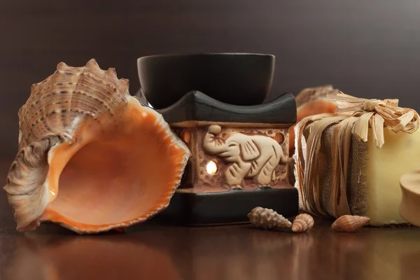 Bath accessories background handmade soap seashell — Stock Photo, Image