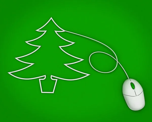 Рождественская елка изображена с компьютерным кабелем мыши на зеленом — стоковое фото