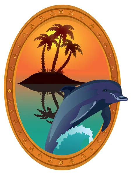 Delfín contra isla tropical en un marco de madera . —  Fotos de Stock