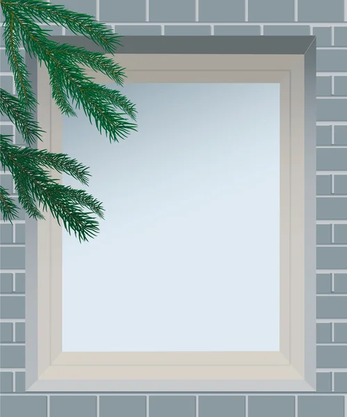 Fichtenzweige gegen Fenster in Ziegelmauer. — Stockvektor
