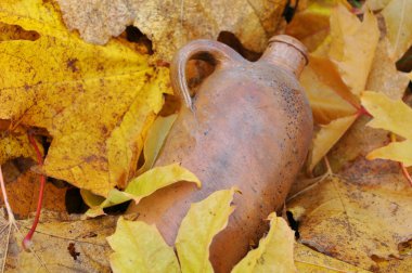 Vintage Bottle and Fallen Maple Leaves clipart