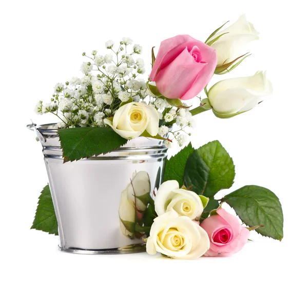 Beautiful Roses in metallic bucket — Stock Photo, Image