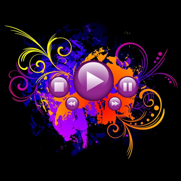 カラフルなグランジ背景に紫のメディア ボタン — ストックベクタ