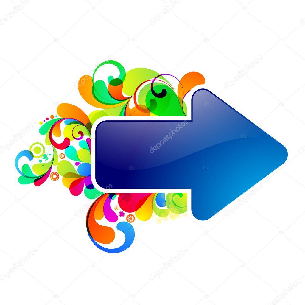 Blue arrow, decorated with colorful graphic.