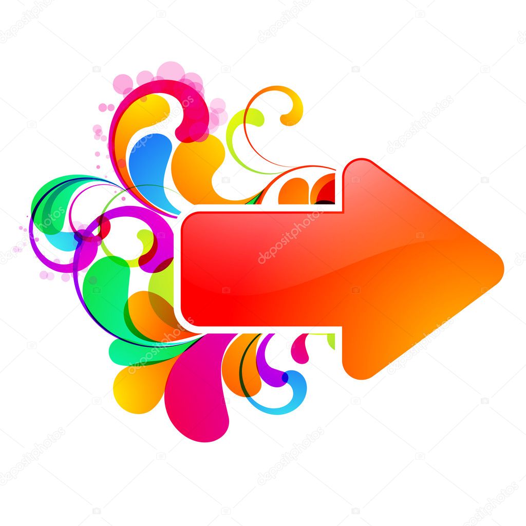 Red arrow decorated with colorful graphic.