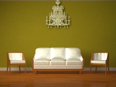 White couch and two chairs with luxurious chandelier in green interior clipart