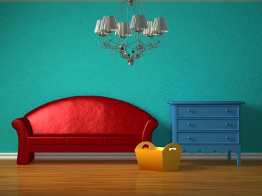 Red sofa with luxurious chandelier in kids interior clipart