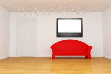 oturma odası kapı, kırmızı koltuk ve resim çerçevesi
