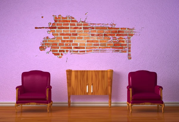 紫色室内木制的控制台和飞溅洞两个豪华椅子 — 图库照片