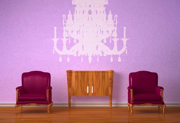 Två lyxiga stolar med trä konsol och silhuetten av ljuskrona i lila inredning — Stockfoto