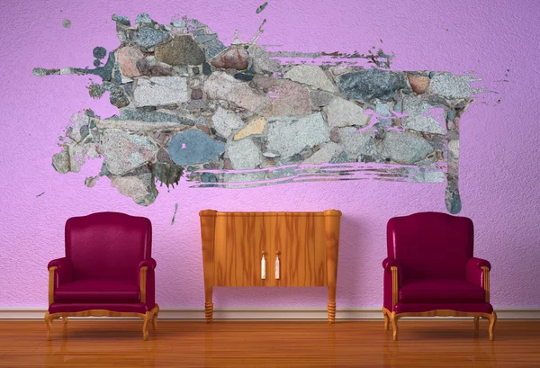 Dwa luksusowe krzesła drewniane konsoli i splash dziura fioletowy wnętrza — Zdjęcie stockowe