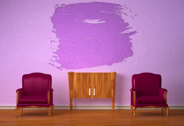 Twee luxe stoelen met houten console en spatten in paarse interieur — Stockfoto