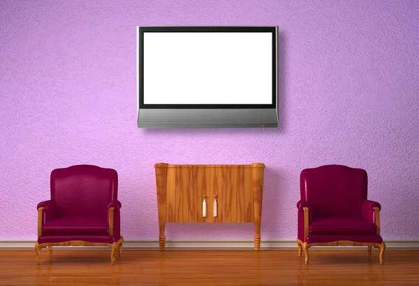 Два роскошных стула с деревянной консоли и ЖК-телевизор в фиолетовый интерьер — стоковое фото