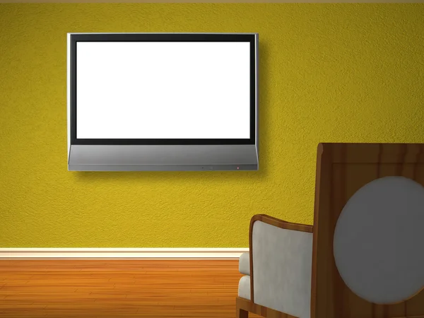 Alleen stoel tegenover groene muur met lcd tv — Stockfoto