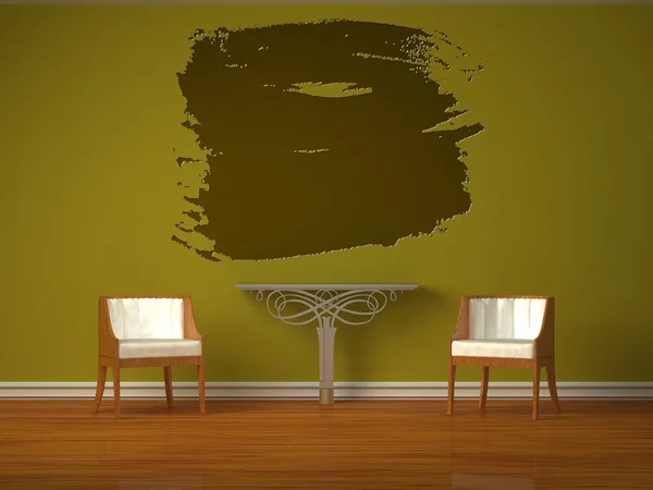 Dvě luxusní židle s kovovým konzole s úvodní snímek v zelený interiér — Stock fotografie