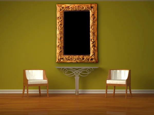 Dwa luksusowe krzesła metalowe konsoli i nowoczesne ramki w wnętrze zielony — Zdjęcie stockowe