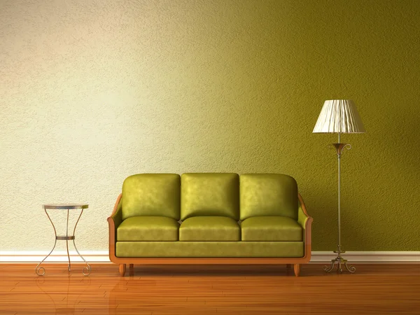 Olive couch with table and standard lamp in double colored interior — Stock Photo, Image