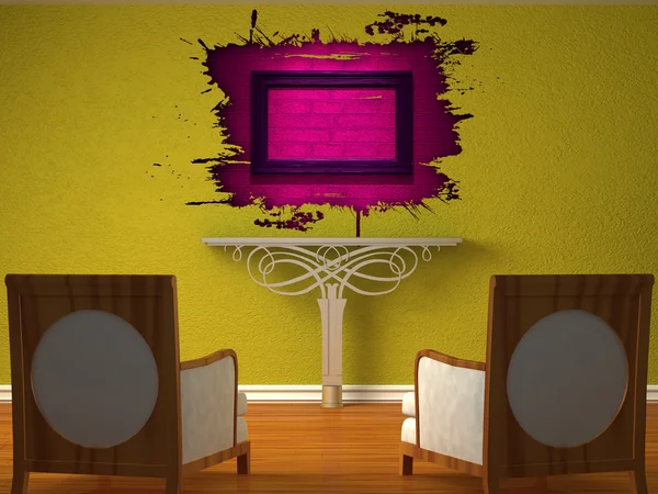 Twee luxe stoelen tegenover groene muur met metalen console en roze plons gat — Stockfoto
