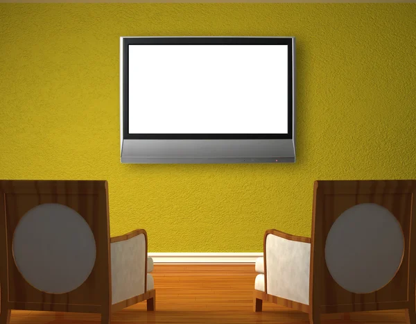 Duas cadeiras de luxo oposto parede verde com tv LCD — Fotografia de Stock