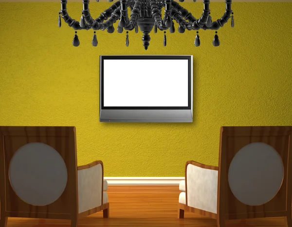 Dos sillas de lujo con tv lcd y lámpara de araña negro frente a la pared verde —  Fotos de Stock