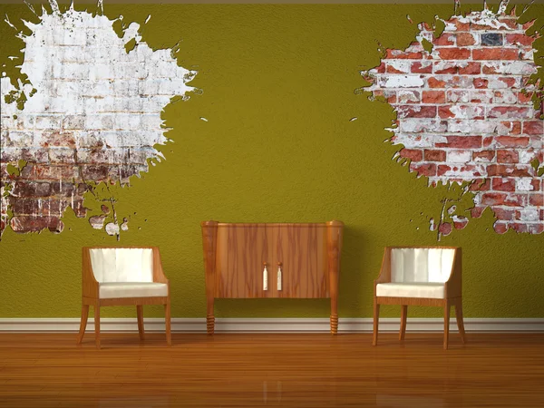 Duas cadeiras luxuosas com console de madeira no interior verde — Fotografia de Stock