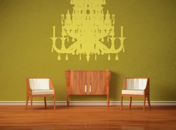 Zwei luxuriöse Stühle mit Holzkonsole und Lampensilhouette im grünen Innenraum — Stockfoto