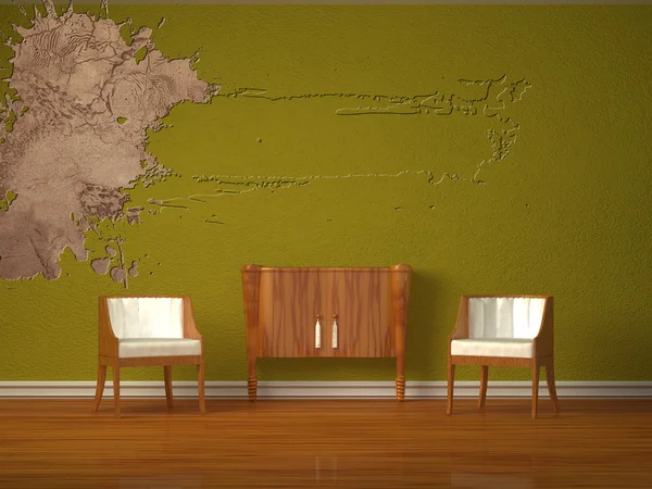 Δύο πολυτελή καρέκλες με ξύλινη κονσόλα και splash τρύπα στο καταπράσινο εσωτερικό — Φωτογραφία Αρχείου