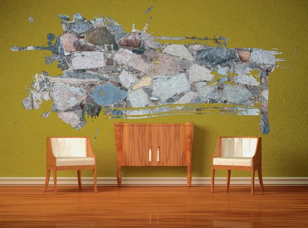 Två lyxiga stolar med trä konsolen och splash hål i grön interiör — Stockfoto