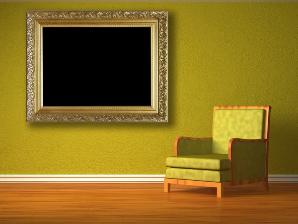 绿色椅子与简约的室内装饰中的图片框架 — 图库照片
