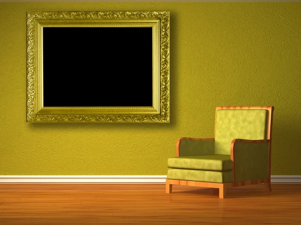 Зелений стілець з рамкою зображення в мінімалістичному інтер'єрі — стокове фото