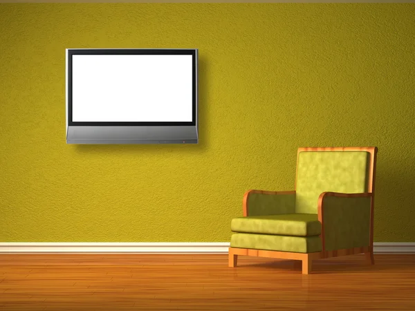 Silla verde sola con tv lcd en interior minimalista —  Fotos de Stock