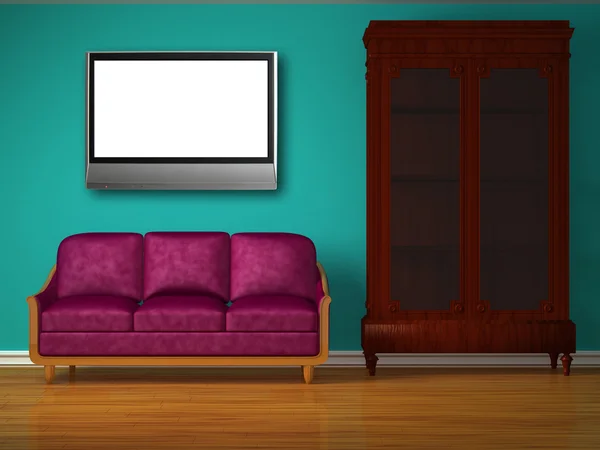 Coach met kast en lcd tv in groen minimalistische interieur — Stockfoto