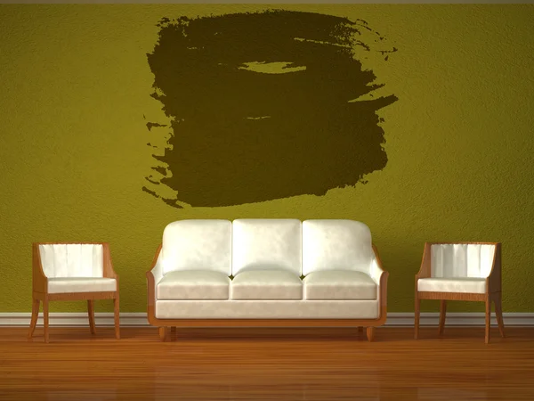 Biała kanapa i dwa fotele z rama rozchlapać w wnętrze zielony — Zdjęcie stockowe