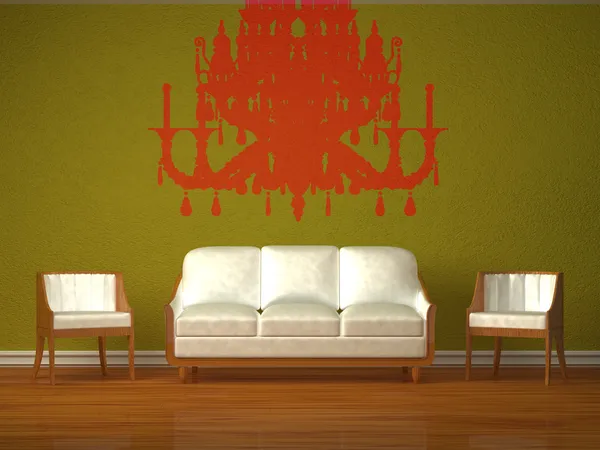 White couch and two chairs with silhouette of chandelier in green interior — Zdjęcie stockowe