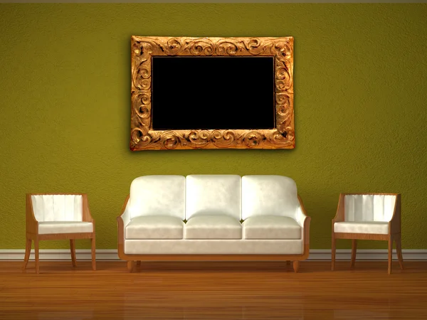 白いソファと緑のインテリアのモダンなフレームを持つ 2 つの椅子 — ストック写真