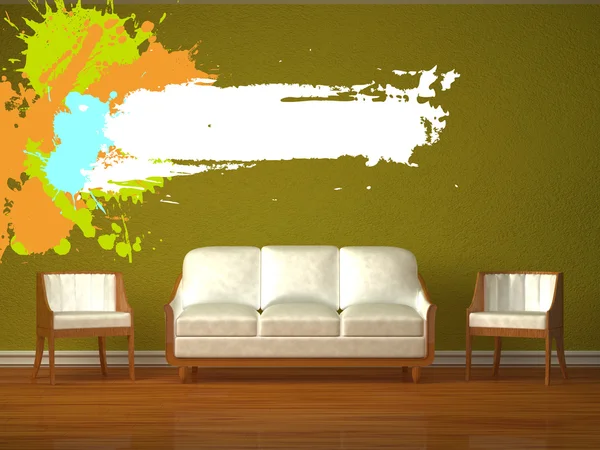 Sofá branco e duas cadeiras com moldura respingo no interior verde — Fotografia de Stock