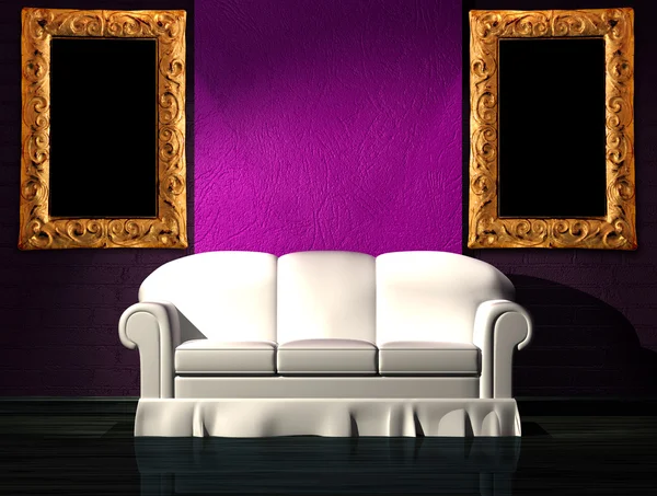 White sofa with purple part of the wall and picture frames in minimalist interior — Stock Photo, Image