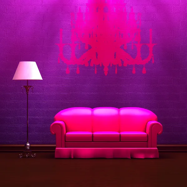 Sofá rosa e lâmpada padrão com silhueta de lustre — Fotografia de Stock