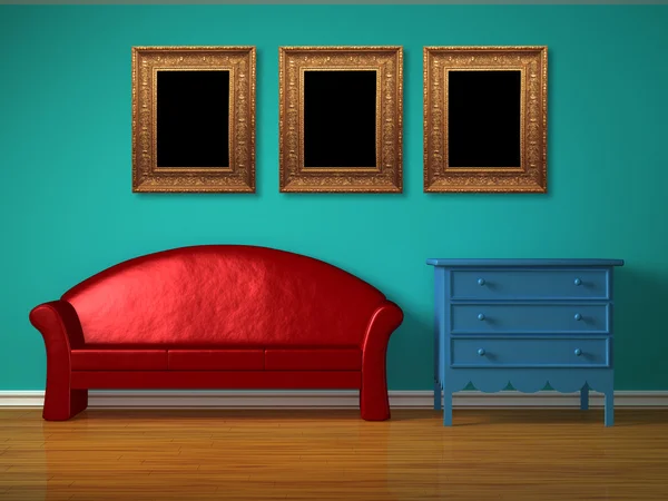 Rode sofa met blauwe bed tabel en foto frames in de kinderkamer — Stockfoto