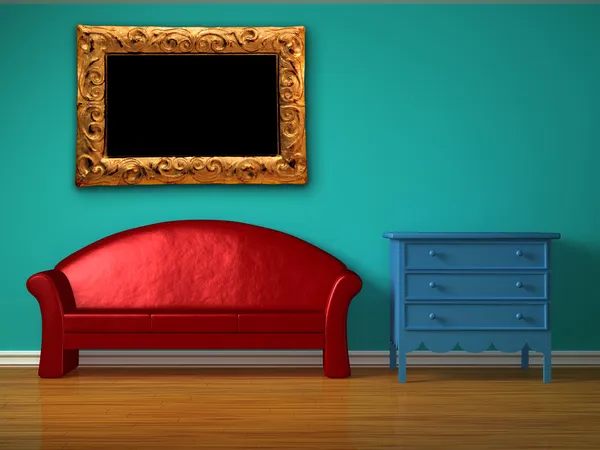 Κόκκινο καναπέ με μπλε κομοδίνο και χρυσή κορνίζα στο παιδικό δωμάτιο — Φωτογραφία Αρχείου