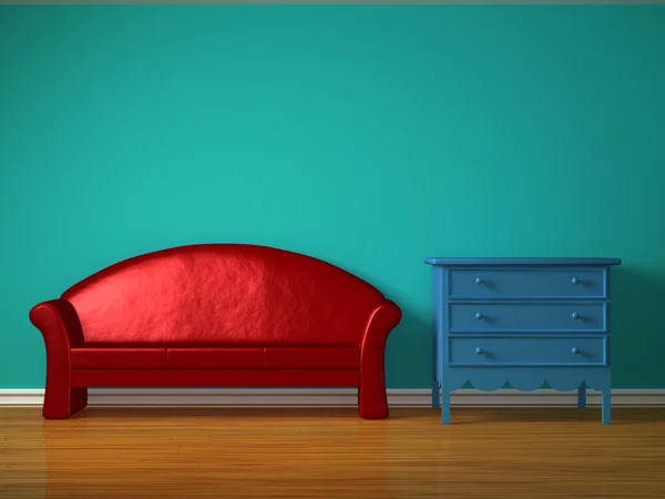 Röd soffa med blå sängbord i barnkammaren — Stockfoto