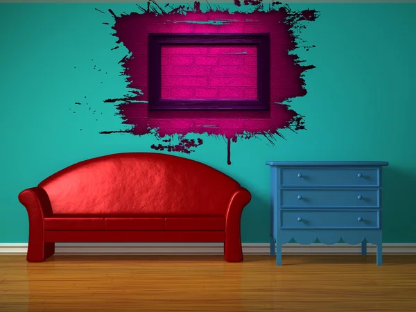 Sofá rojo y agujero de salpicadura con mesita de noche azul en la habitación de los niños — Foto de Stock