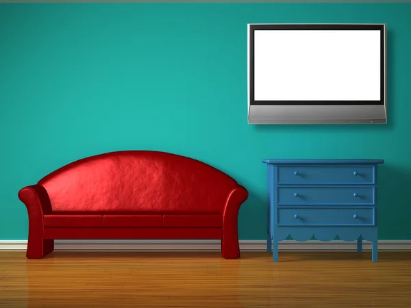 Red sofa with blue bedside table and lcd tv in kids room — Stock Photo, Image