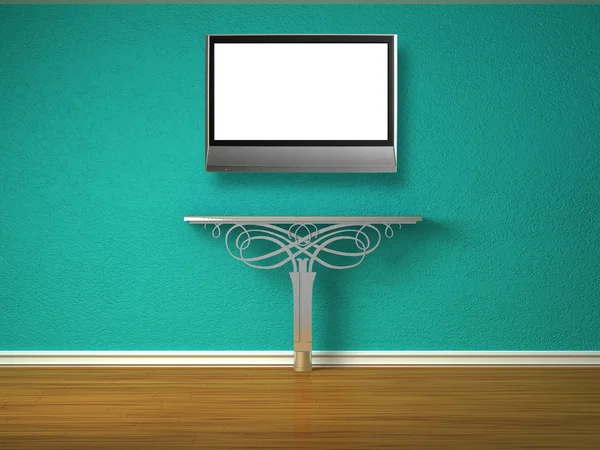 Mesa de console metálica com tv lcd em interior minimalista — Fotografia de Stock