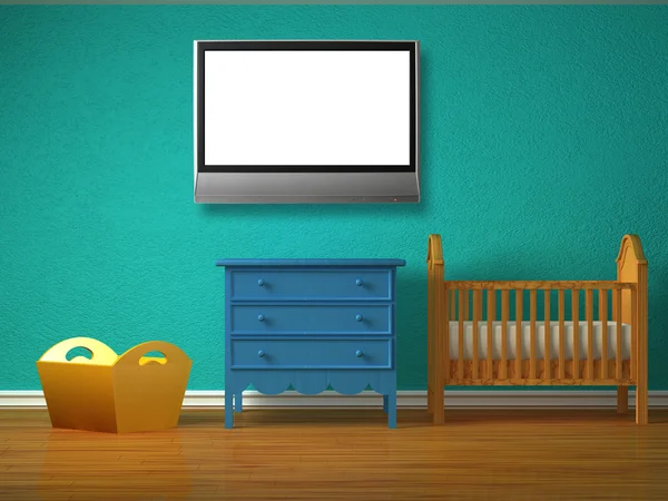 Dormitorio de bebé con una cuna y TV lcd — Foto de Stock