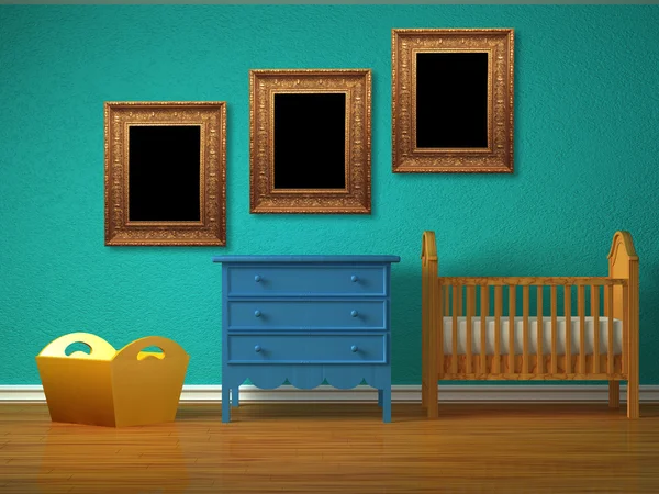 Baby bedroom with a crib and picture frames. — Stock Photo, Image