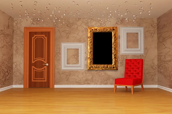 Chambre vide avec porte, chaise rouge et trois cadres photo — Photo