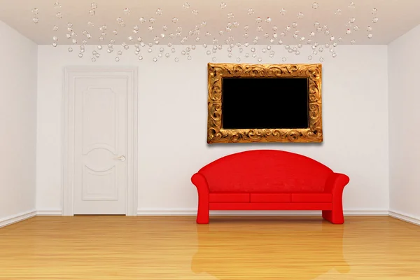 Woonkamer met de deur, rode bank en afbeeldingsframe — Stockfoto